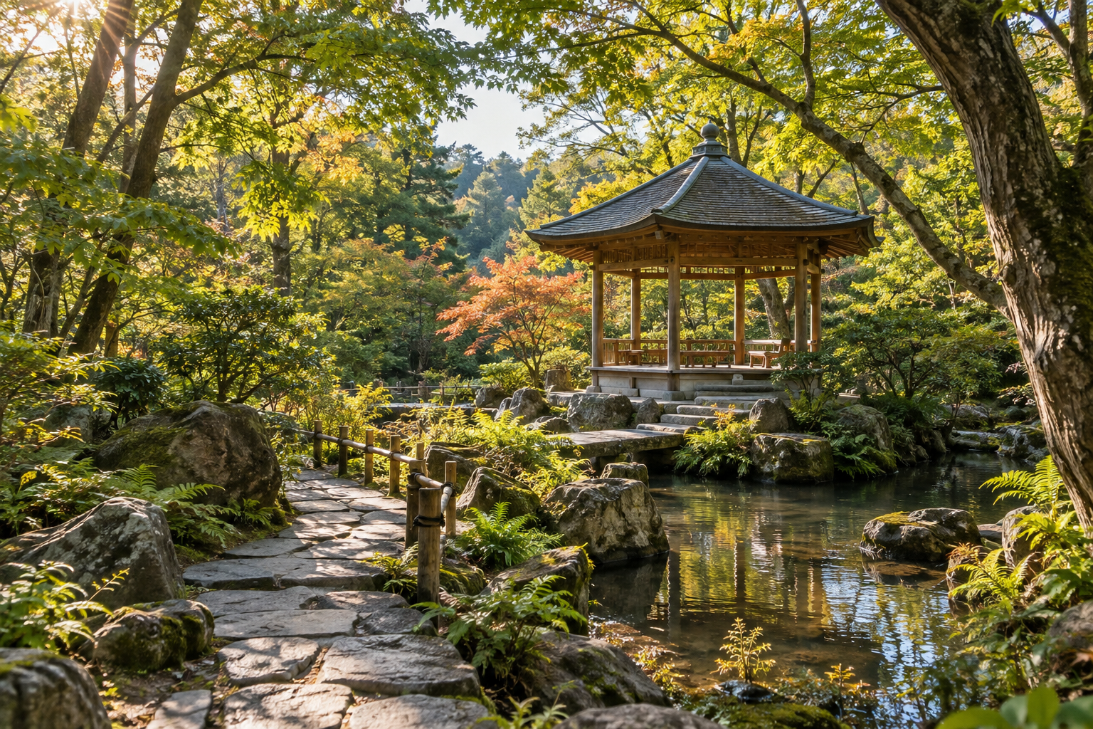 A leafy park path beside a small traditional pavilion — photorealistic AI concept