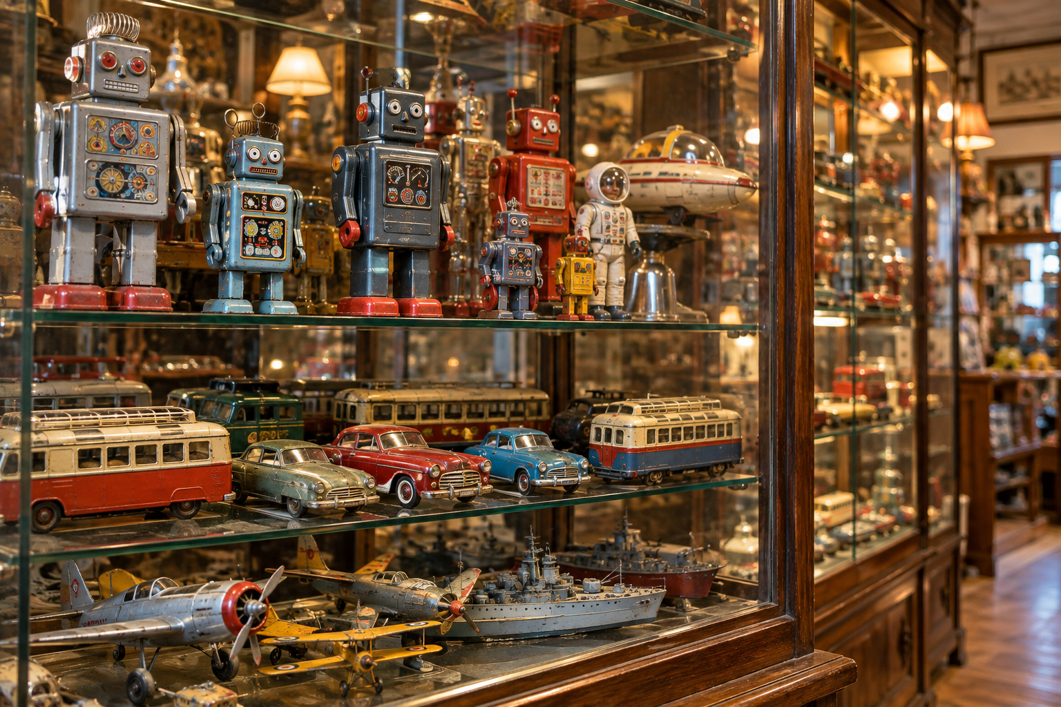 Fictional vintage robot toys and miniature models in glass cases — photorealistic AI concept