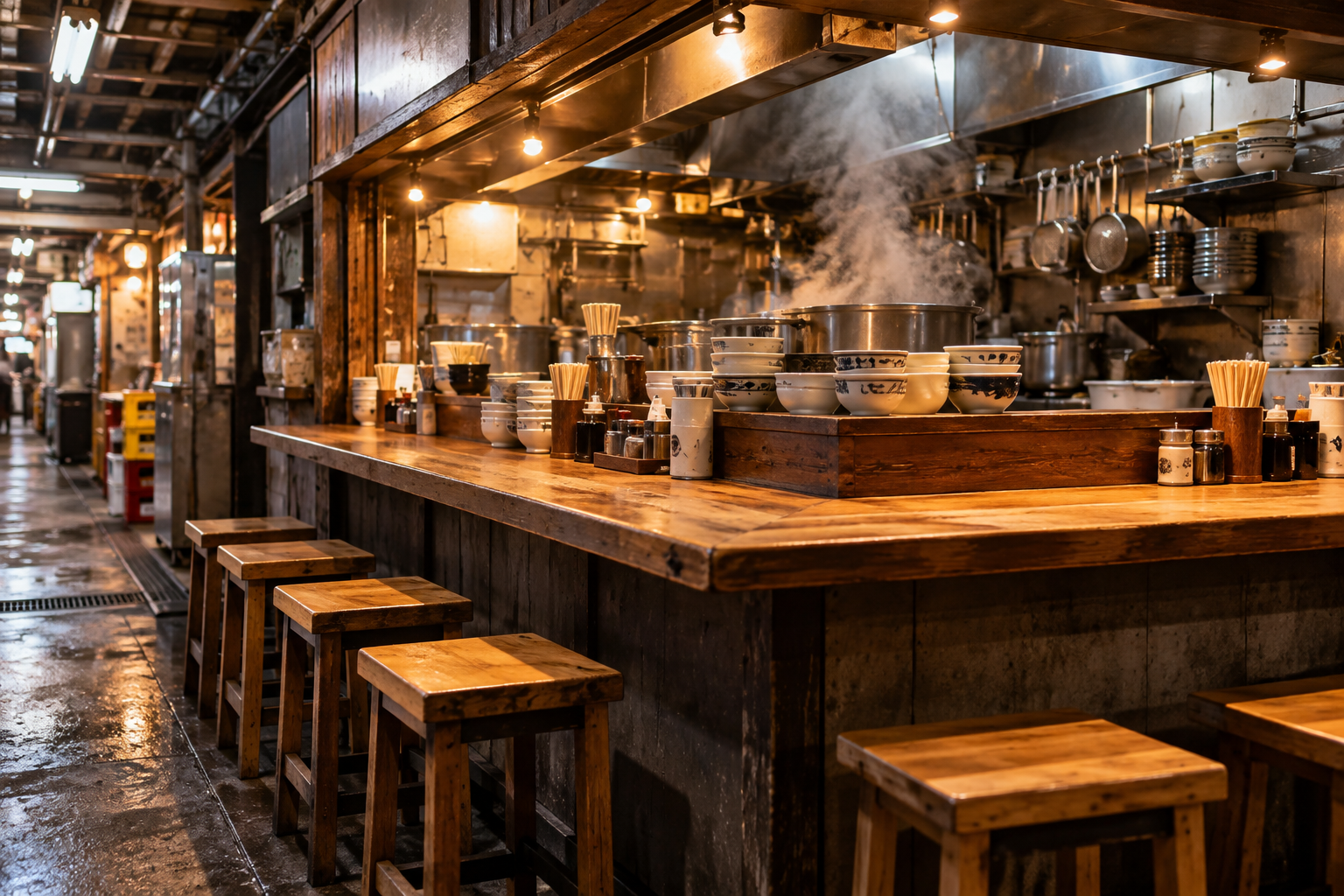 A compact basement food counter with stools and bowls — photorealistic AI concept