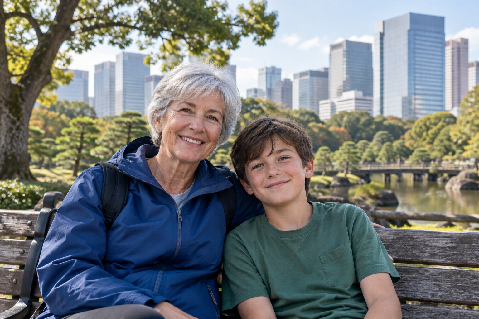 An older woman traveler and a boy resting on a park bench — photorealistic AI concept