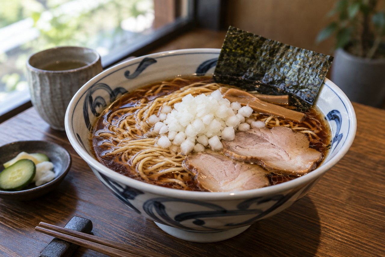 Concept of a ramen bowl topped with diced onion