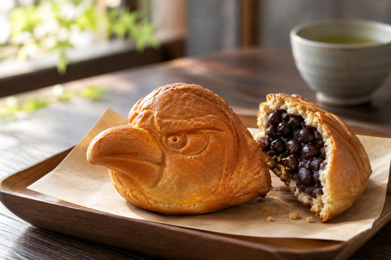 Concept of a crow-tengu pastry with black-bean filling