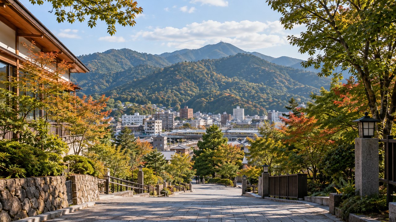 Conceptual foothill street and wooded mountain landscape — AI illustration, not a photograph of the actual place or product.