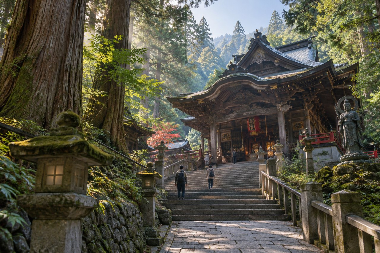 Concept of a temple approach among tall trees
