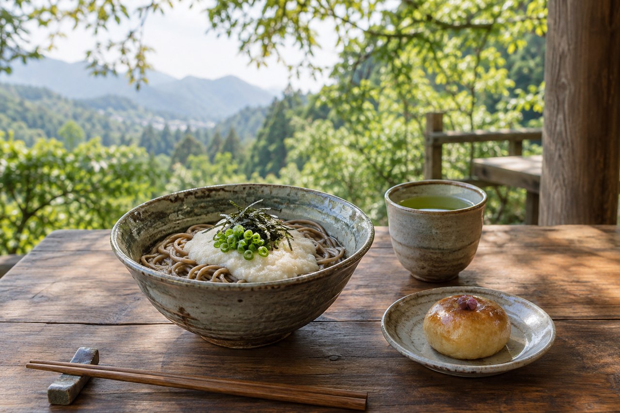Concept of soba, a small sweet and tea