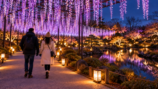 Conceptual purple electric wisteria-like lights beside a garden path