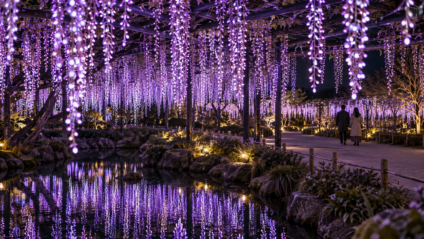 Conceptual purple LED strands and reflections beside a garden path