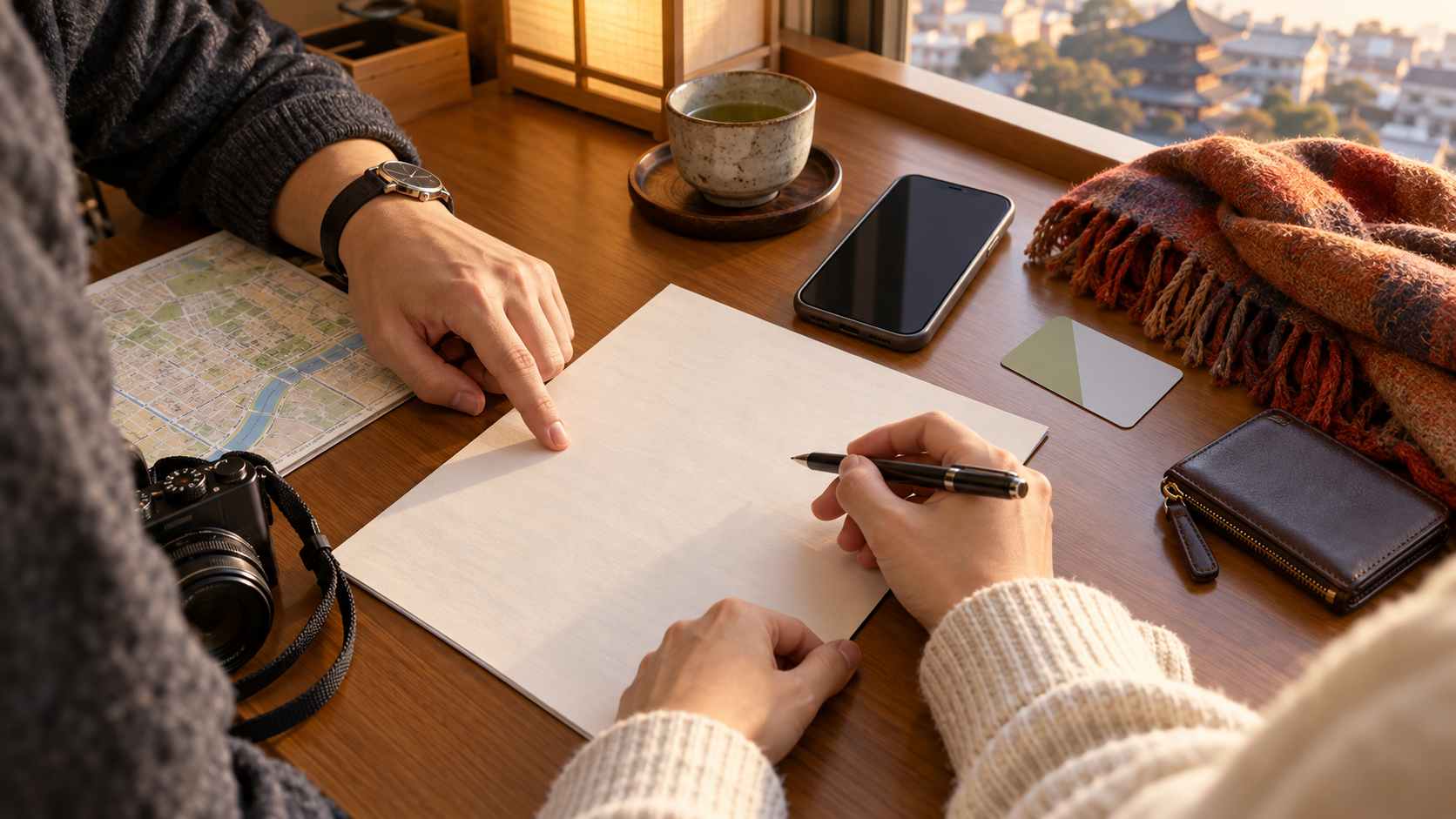 Conceptual trip planning with a blank itinerary, phone and wallet