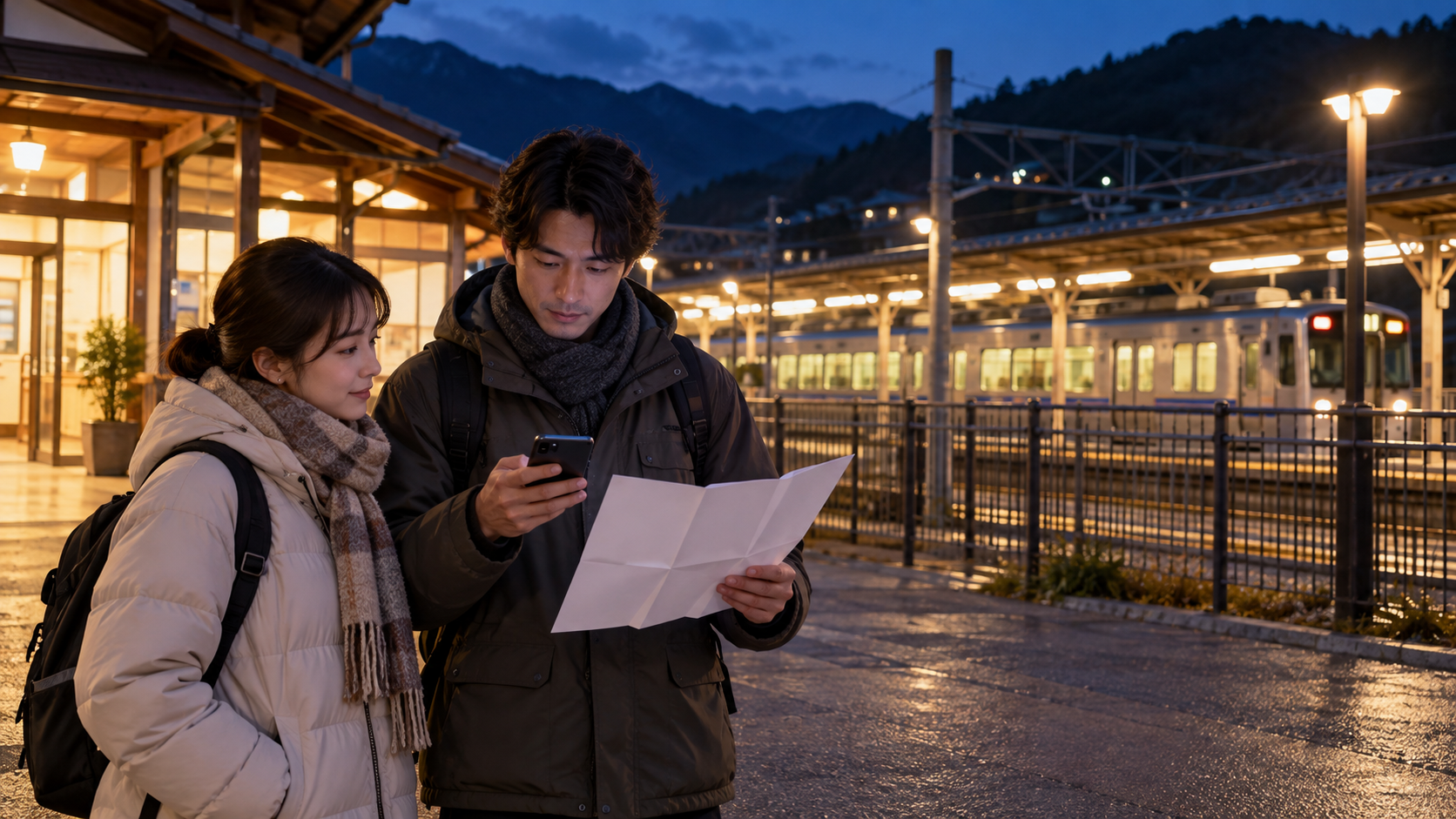Conceptual travelers checking a return plan outside a regional station