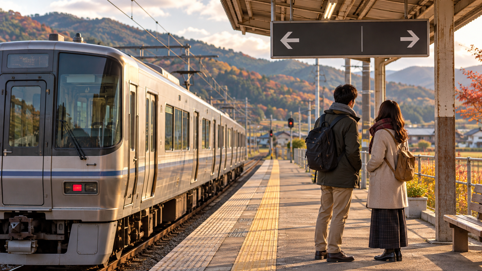 Conceptual regional railway platform with travelers waiting behind the tactile strip