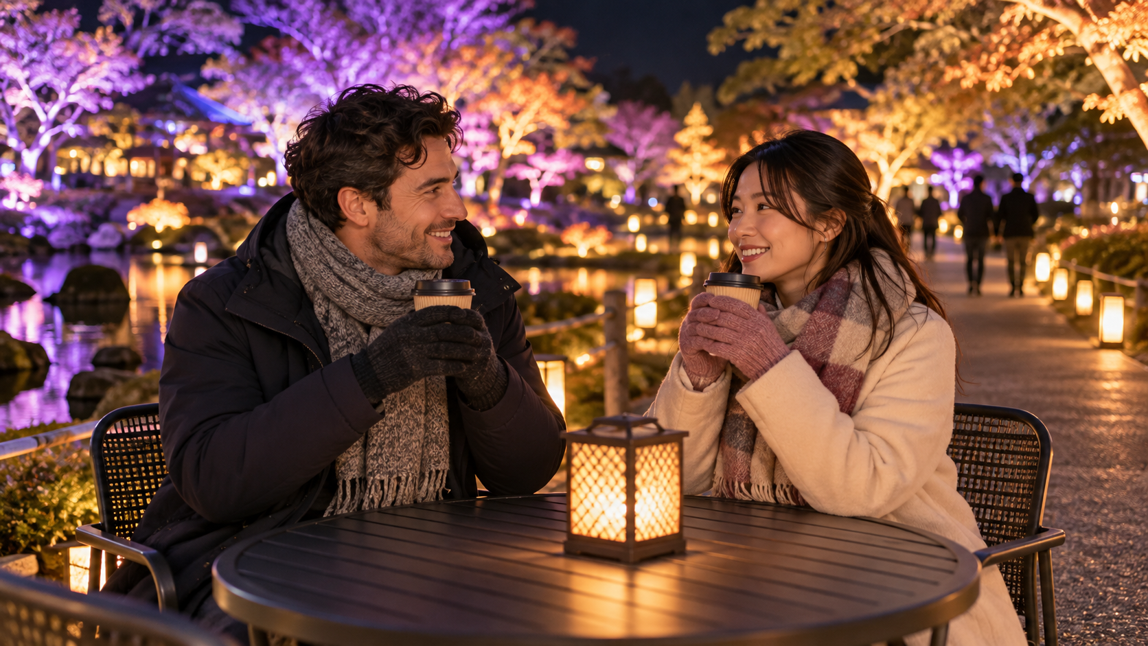 Conceptual travelers resting at a cafe table with warm drinks