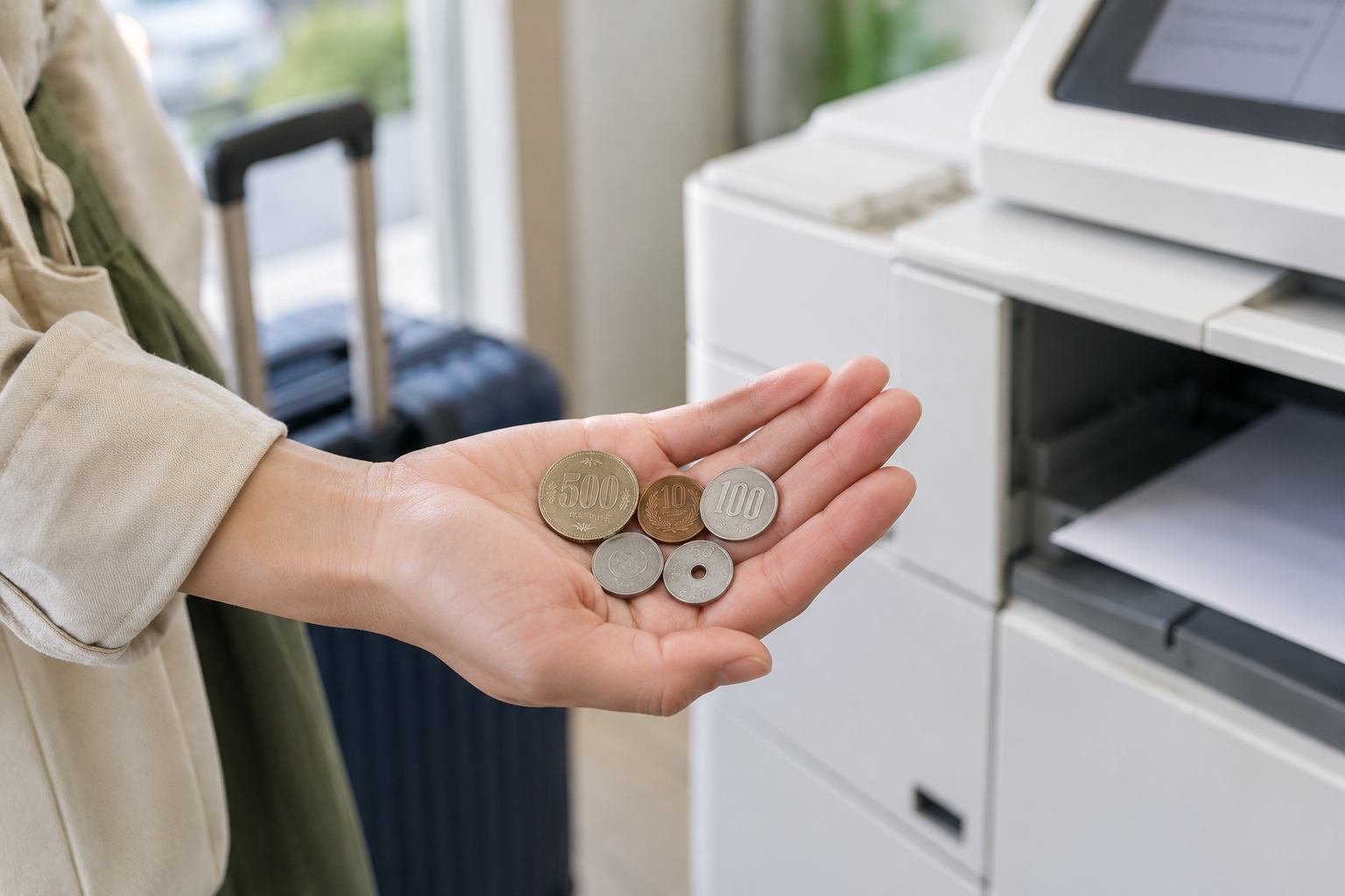 AI-generated illustration of Japanese yen coins in a traveler's palm beside a generic printer.