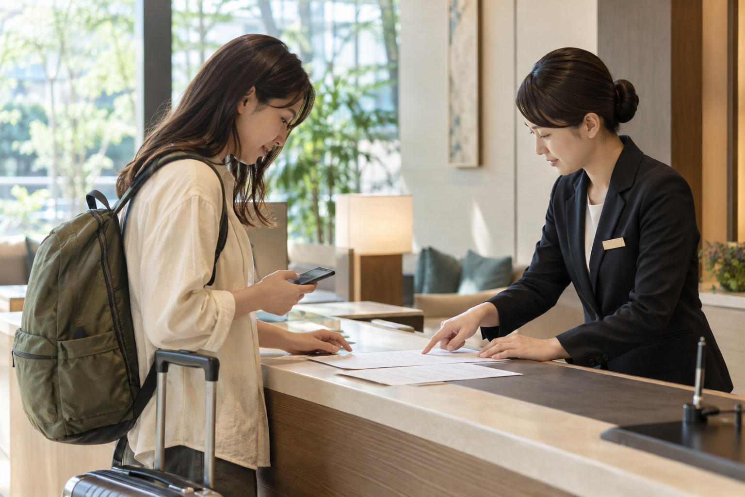 AI-generated illustration of a traveler asking hotel reception for help with a document.