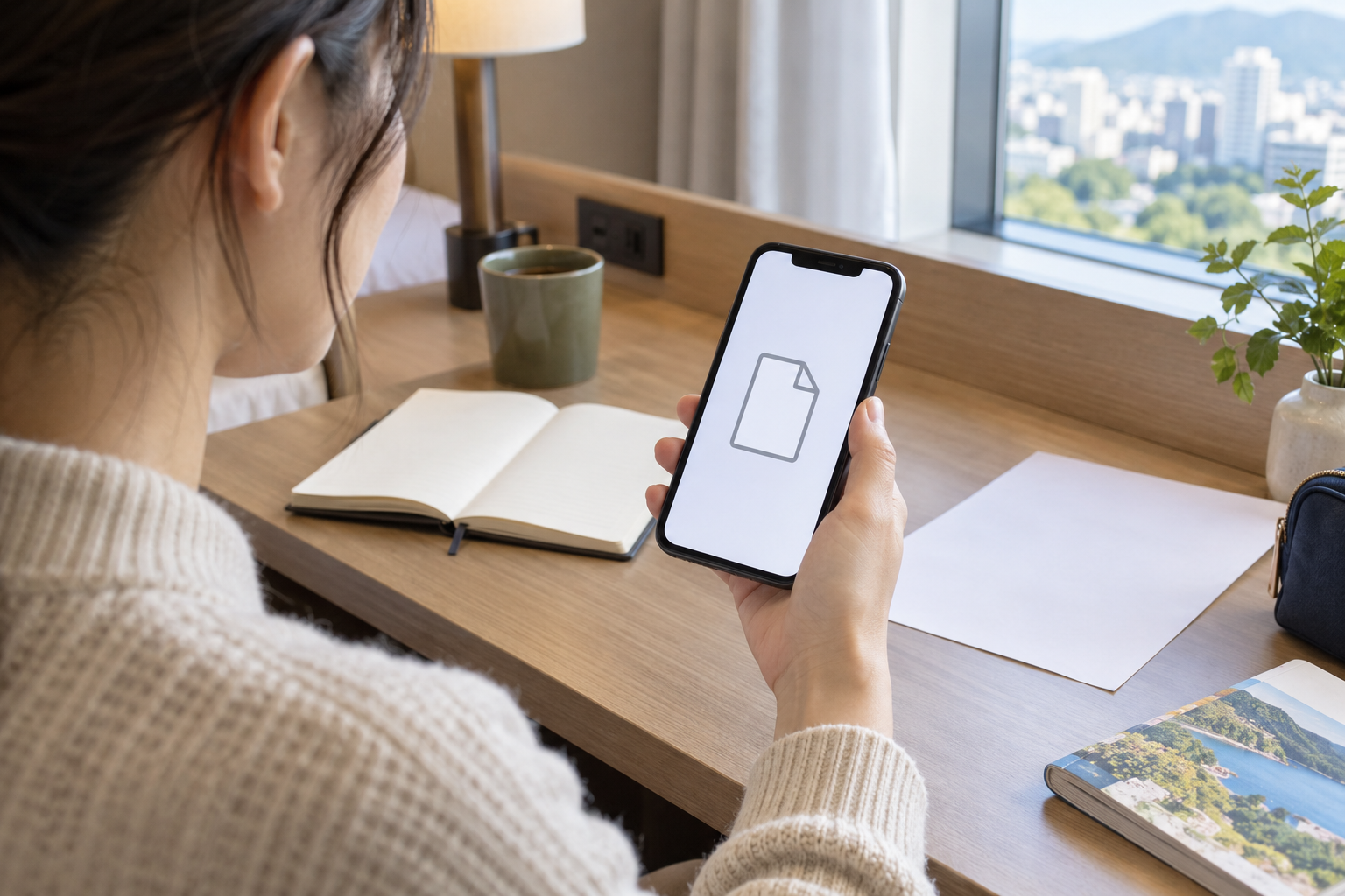 AI-generated illustration of a traveler preparing a PDF on a smartphone at a hotel-room desk.