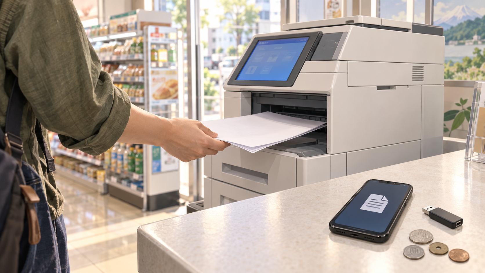 AI-generated illustration of a traveler collecting printed pages beside a generic convenience-store printer, with a phone, USB drive and coins.