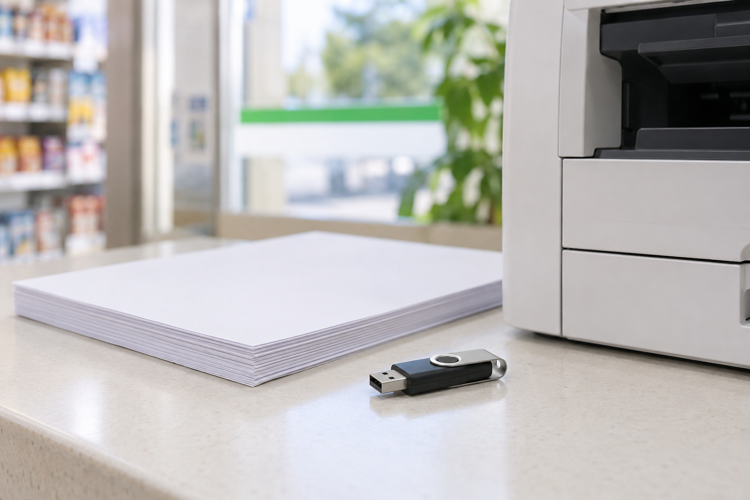 AI-generated illustration of a USB flash drive and plain paper beside a generic printer.
