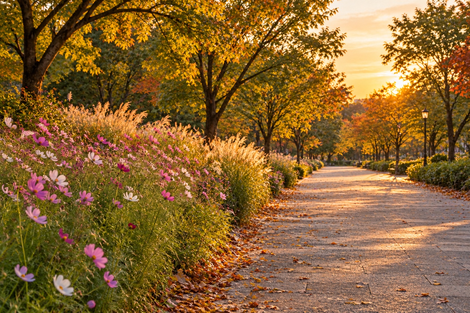Illustrative autumn park path with flowers and soft evening lighting