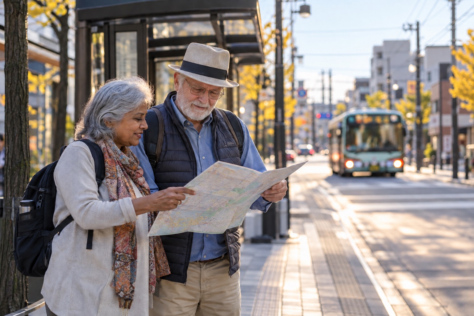 Illustrative senior travelers checking a map at a bus stop