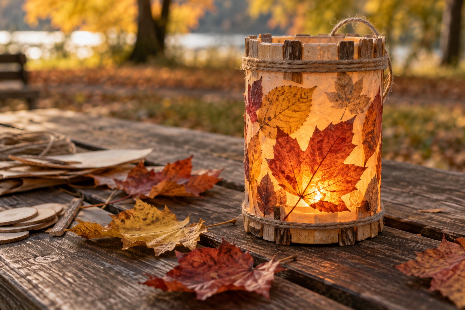 Conceptual autumn-leaf lantern with a battery light on a wooden table