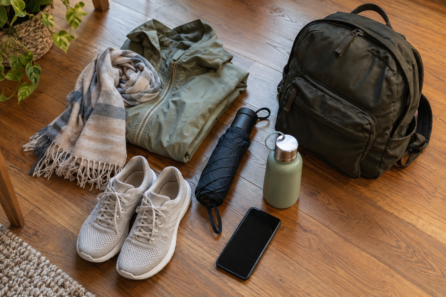 Illustrative evening walking kit with jacket umbrella and small bag