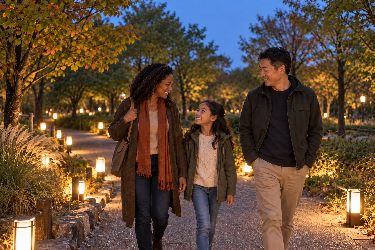 Family enjoying a conceptual autumn park evening