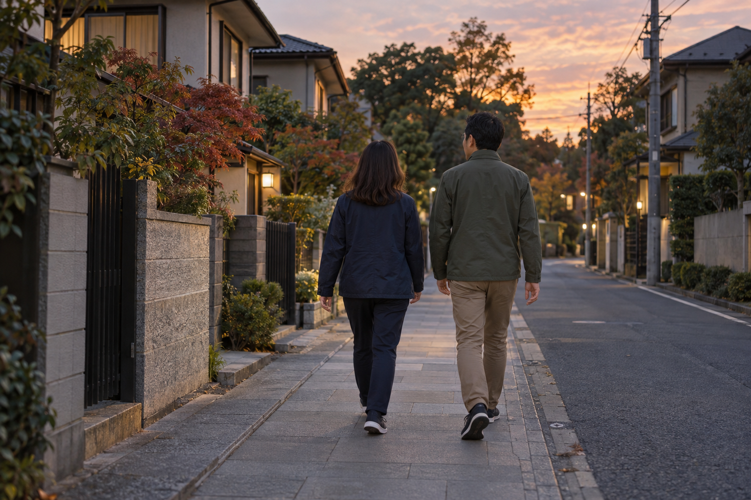 Two adults in jackets and walking shoes on a Tokyo residential sidewalk at dusk