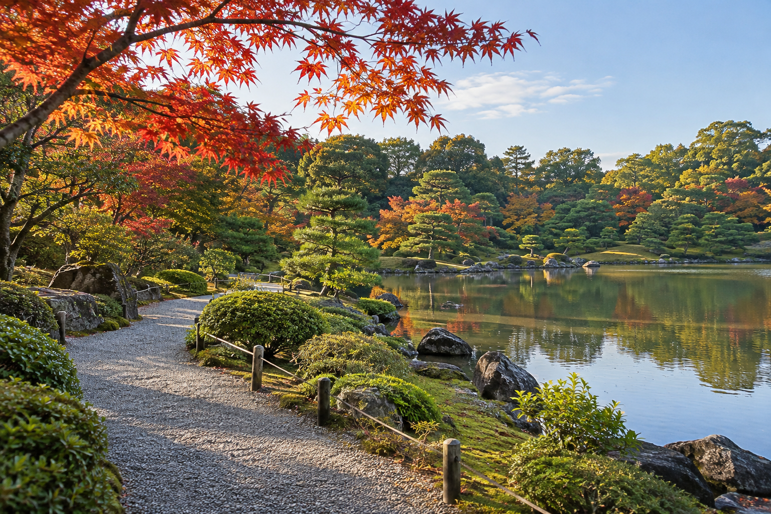 Autumn maple branches above a pond and gravel path in a daylight Japanese garden