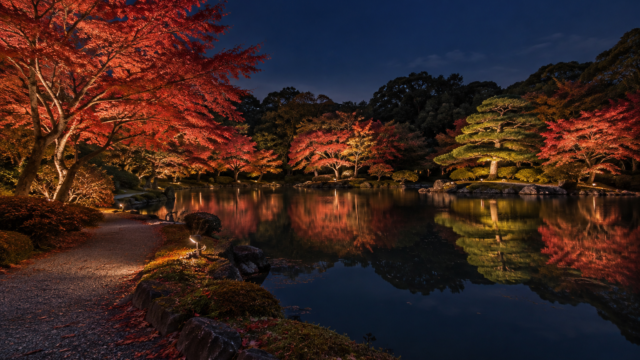 Warmly illuminated autumn maples and pine trees reflected in a generic Japanese garden pond at night