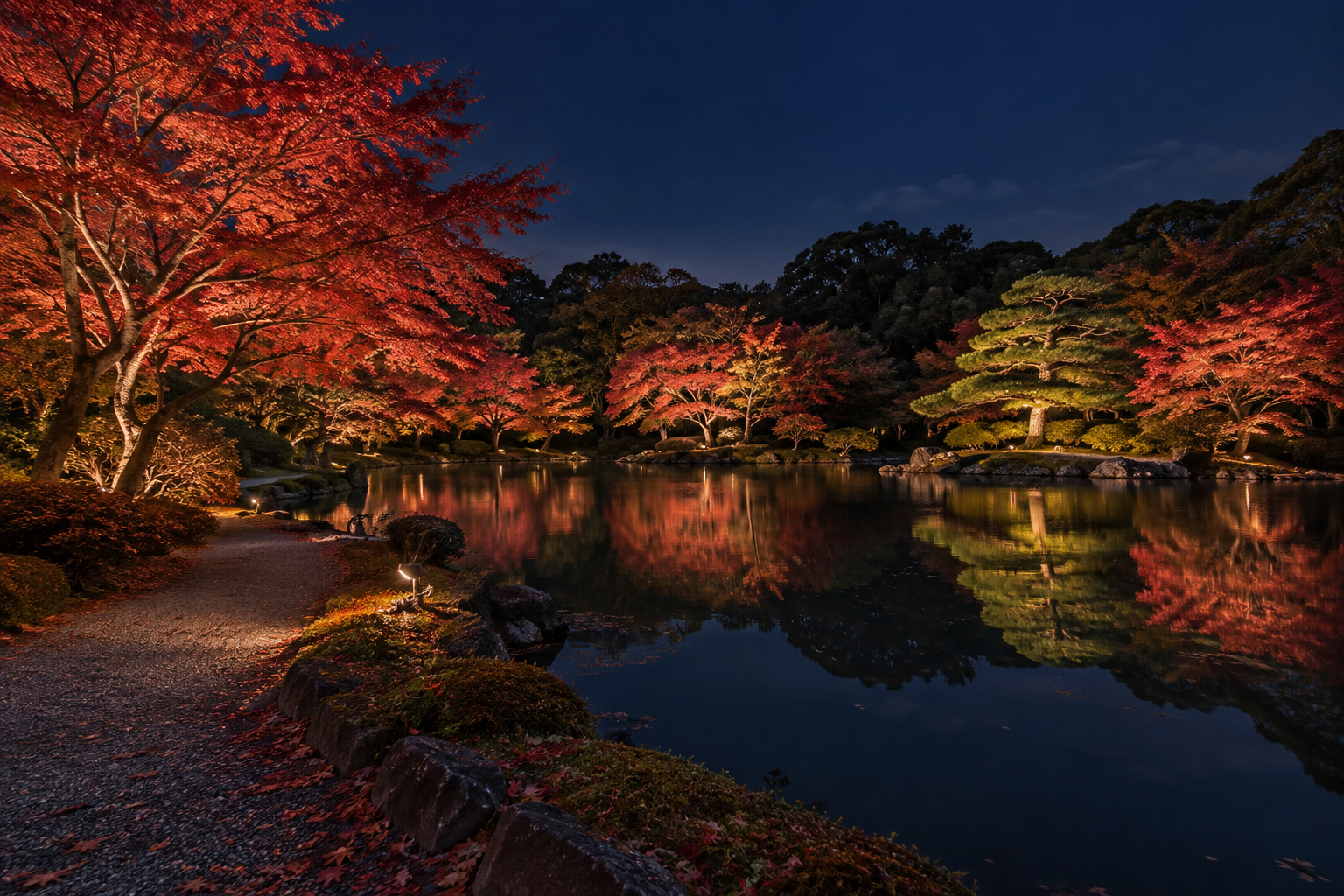 Warmly illuminated autumn maples and pine trees reflected in a generic Japanese garden pond at night