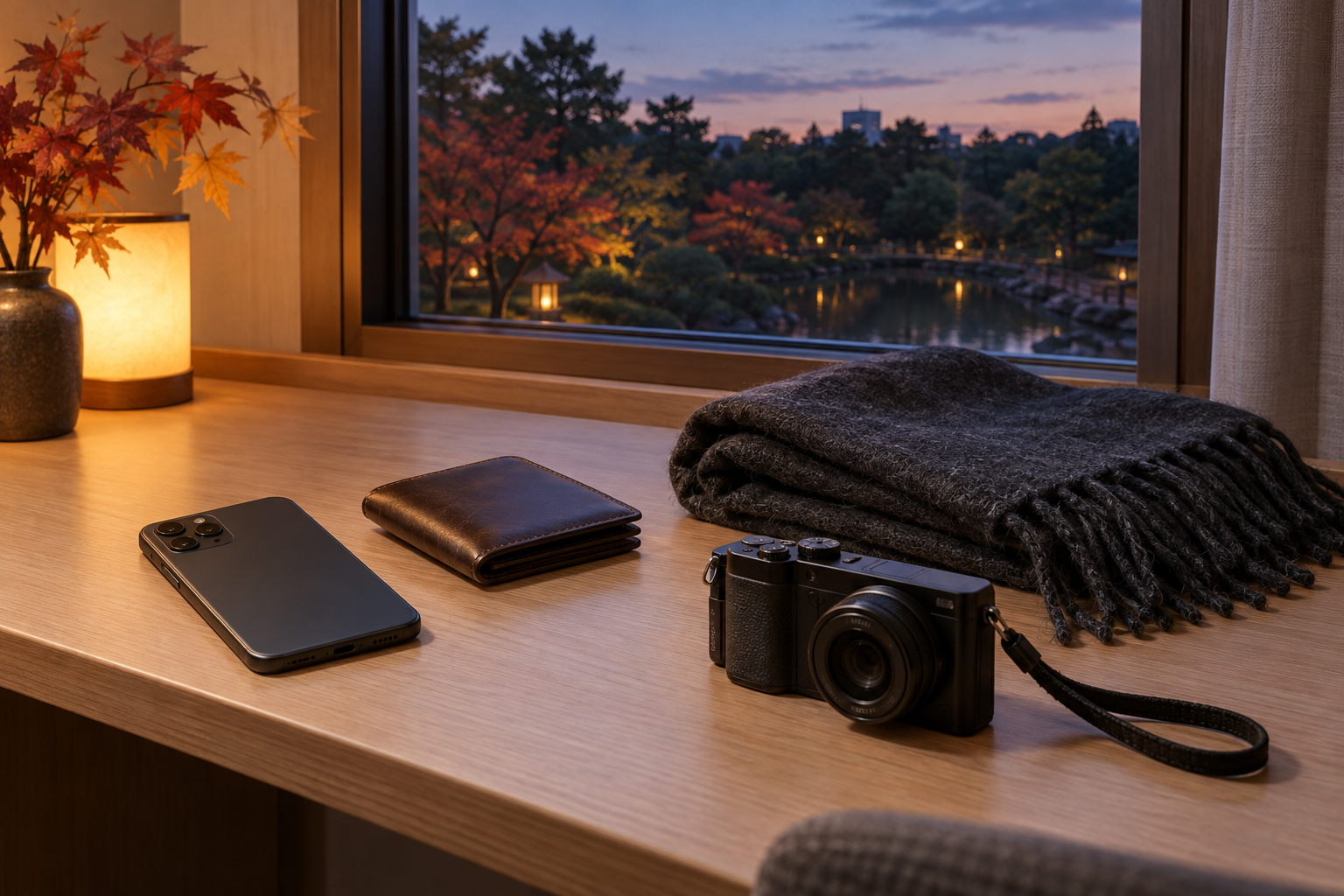 Phone, wallet, scarf and compact camera prepared on a wooden desk