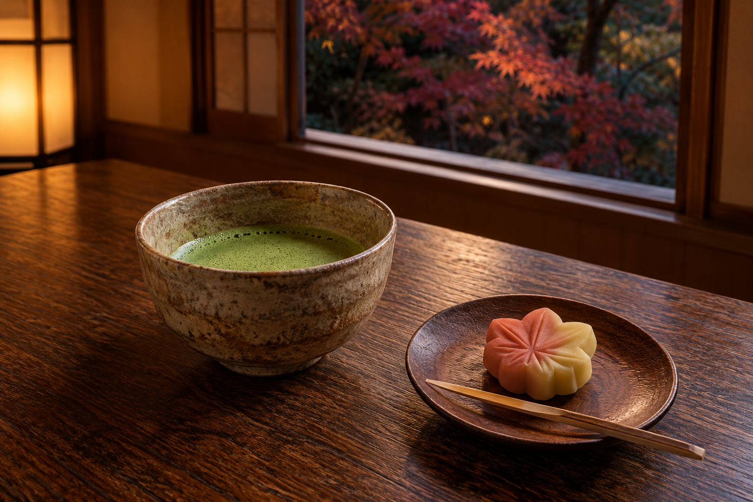 A ceramic matcha bowl and one small wagashi on a wooden plate