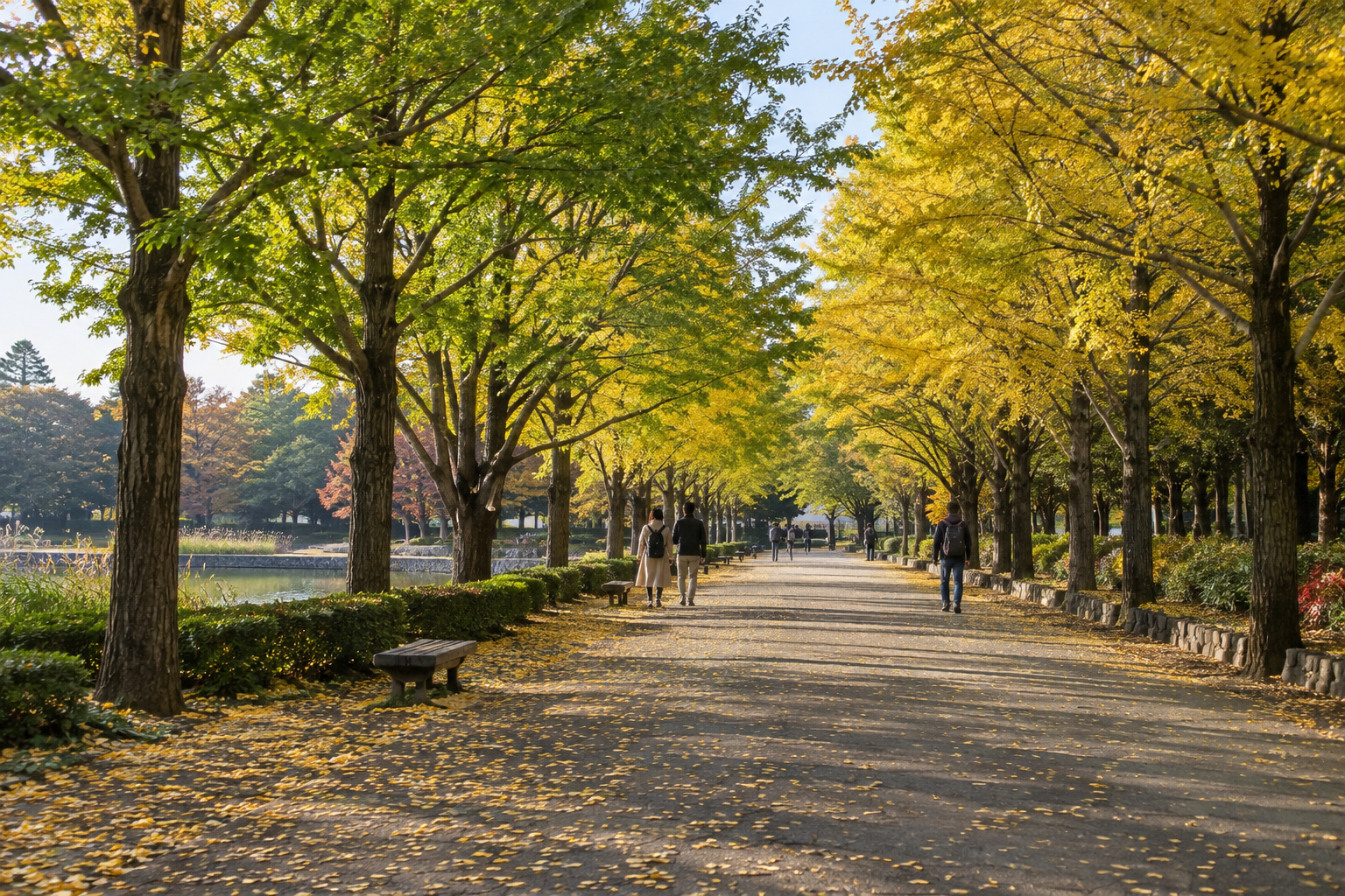 AI-generated illustration of a park avenue with green and yellow ginkgo leaves in daylight