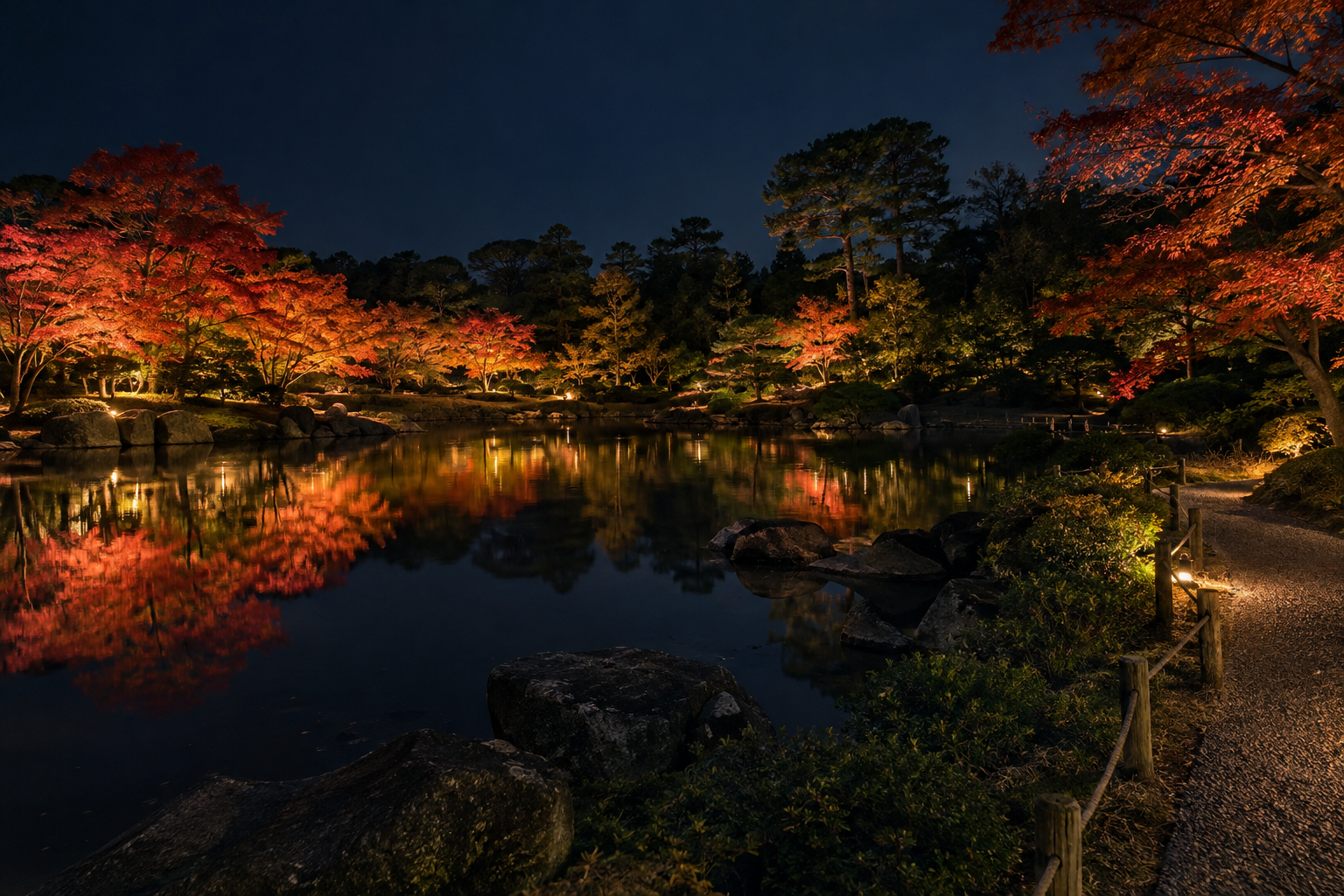 AI-generated illustration of red maples reflected in a subtly illuminated Japanese pond garden