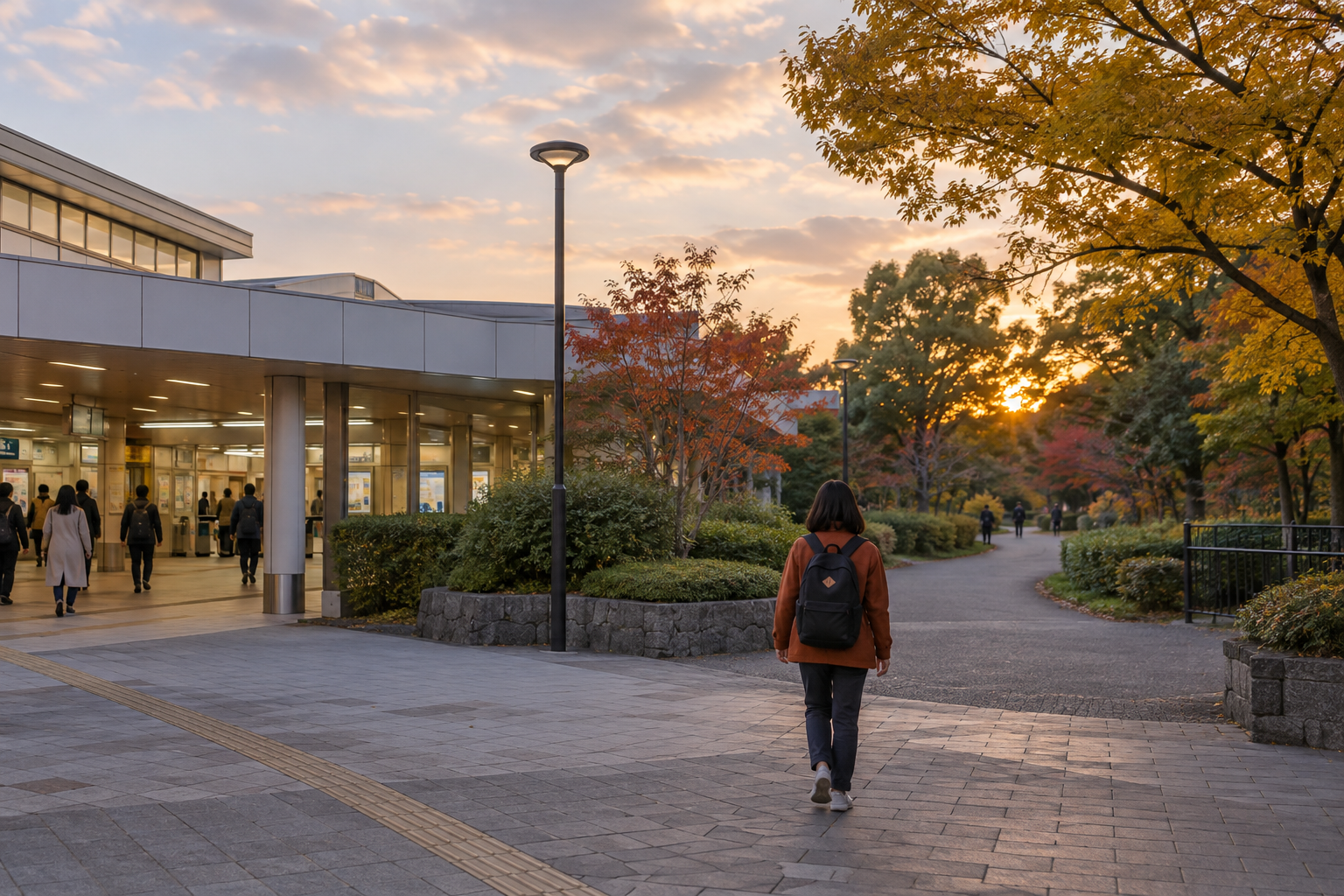 AI-generated illustration of a traveler leaving a generic suburban station toward a leafy path