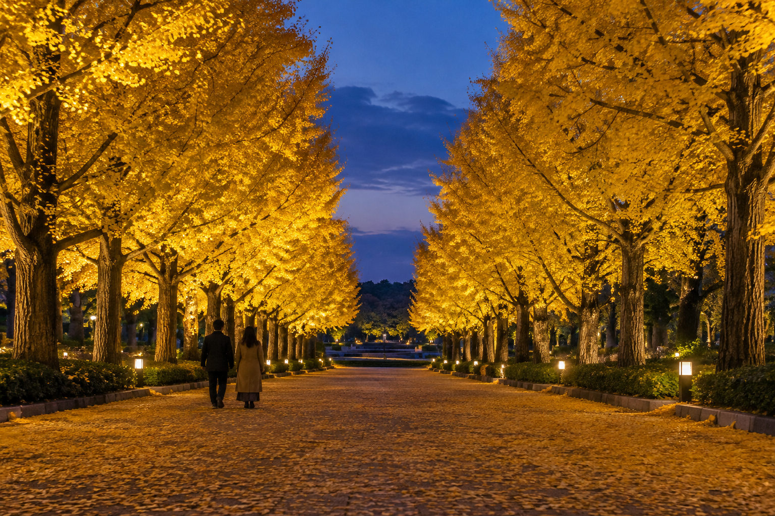 AI-generated illustration: A golden ginkgo avenue at blue hour in an imagined Japanese park.