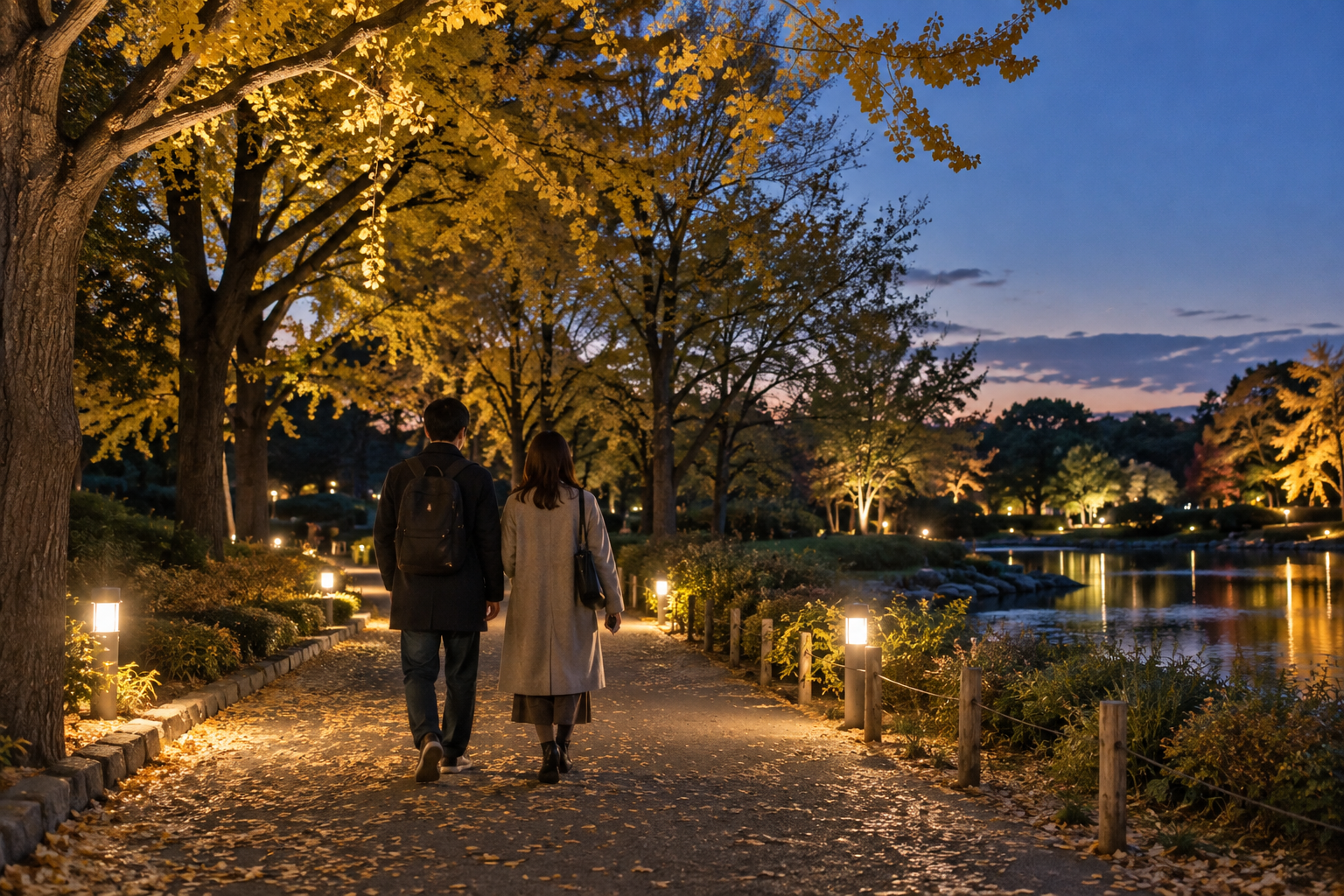 AI-generated illustration of two visitors in warm coats walking along a park path after dark