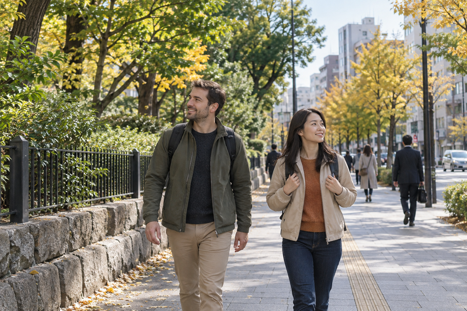 Two travelers on a generic Tokyo sidewalk beside a leafy park boundary