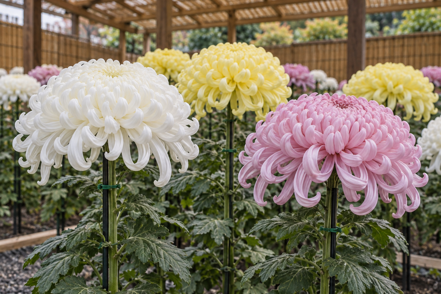 Conceptual close view of large rounded white, yellow and pink chrysanthemums on supported stems