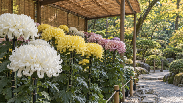 Conceptual chrysanthemums under a traditional display shelter beside a garden path