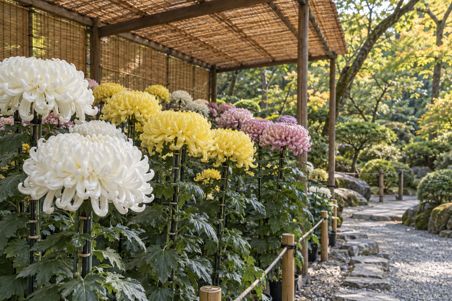 Conceptual chrysanthemums under a traditional display shelter beside a garden path
