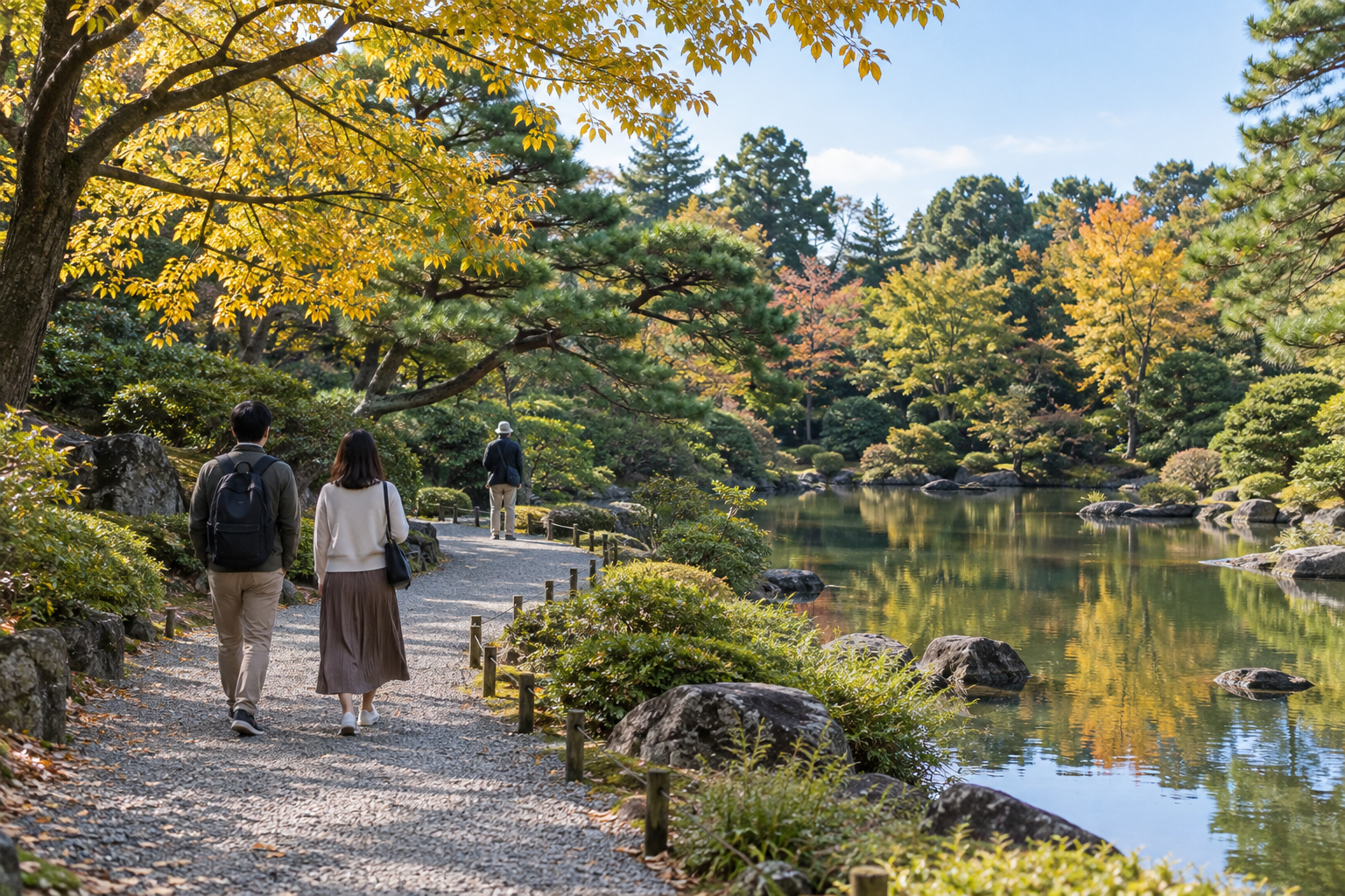 A generic Japanese garden path beside a pond with green and lightly yellow foliage