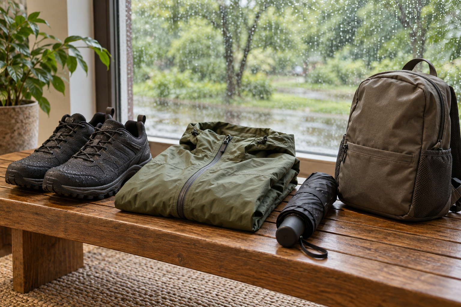 Rain jacket, walking shoes, compact umbrella and daypack beside a rainy window