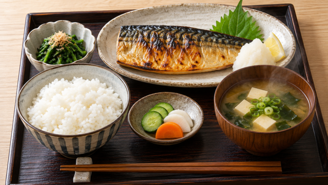 A grilled fish set meal with separate rice, soup and sides