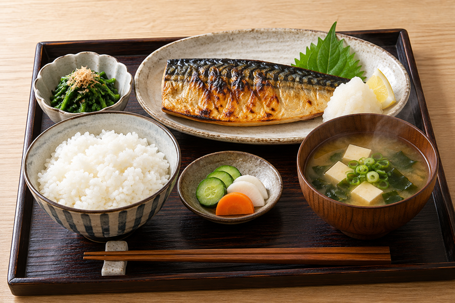 A grilled fish set meal with separate rice, soup and sides