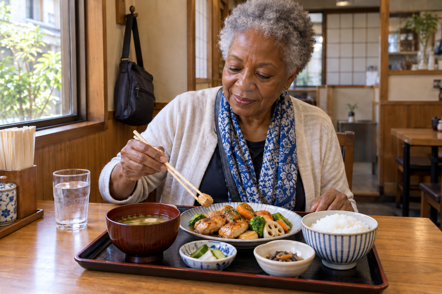 An older solo traveler eating a chicken and vegetable set meal