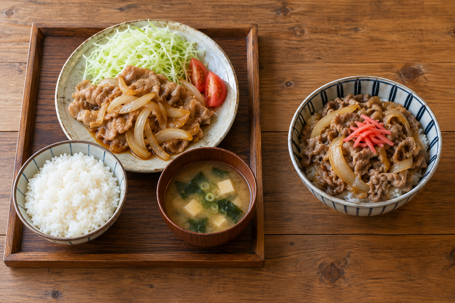 Illustrated separate-plate set meal beside a beef rice bowl