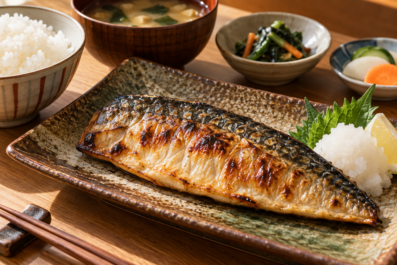 Grilled fish with grated daikon and separate rice and soup bowls