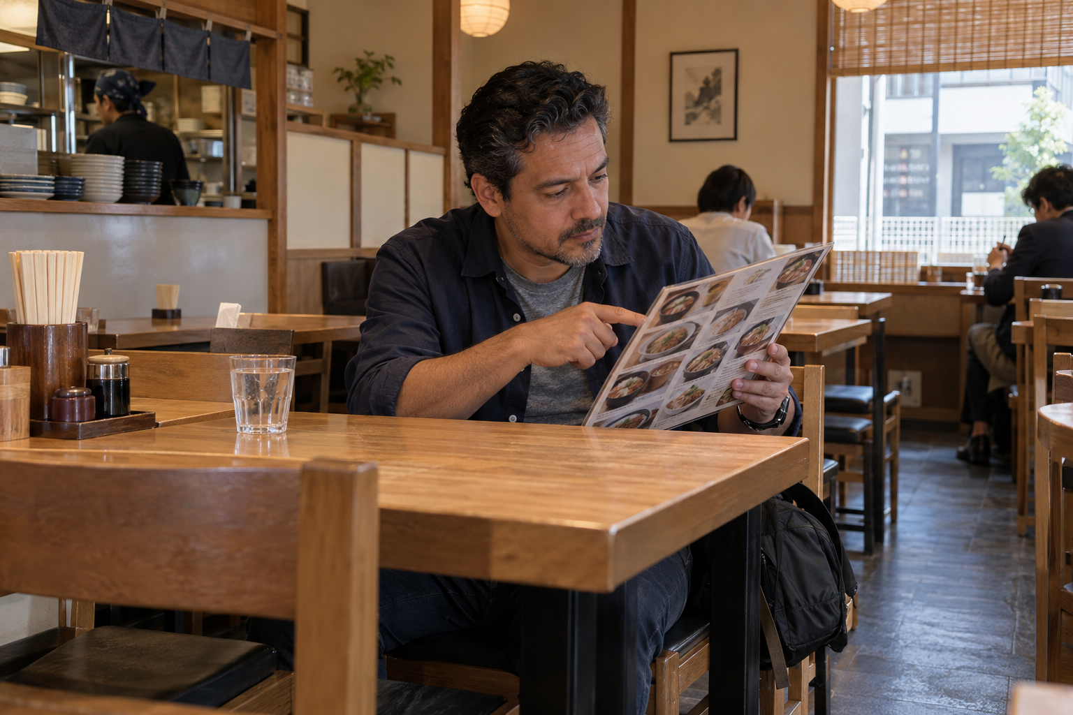 A solo traveler reviewing a paper menu at a table