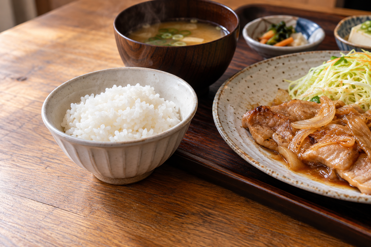 A modest serving of plain rice beside a partly eaten set meal