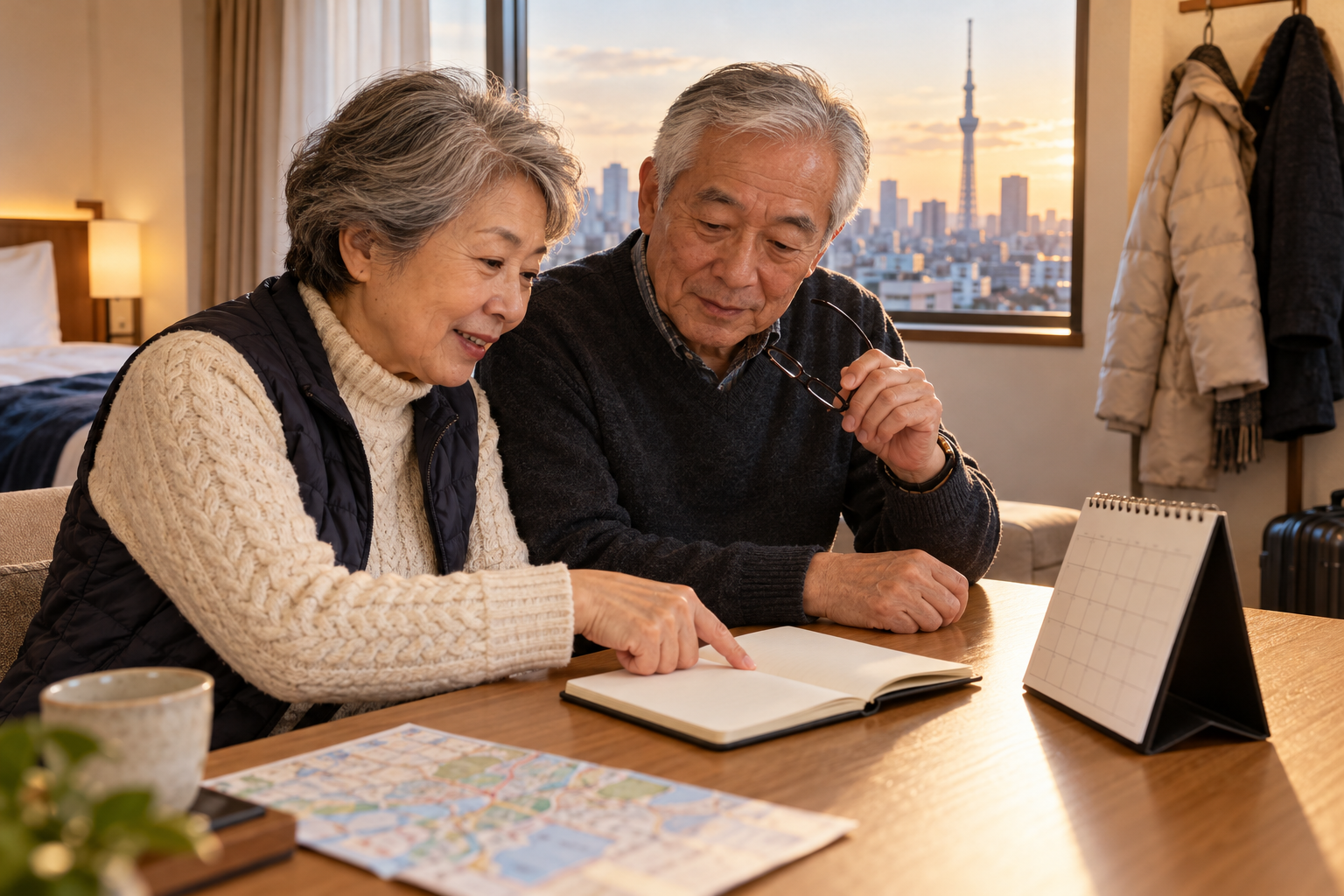 Older travelers comparing their plans at a generic accommodation desk